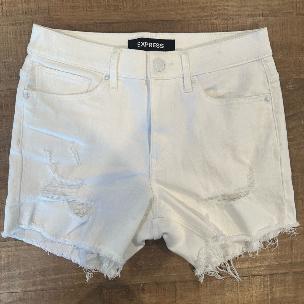 Express White Distressed High Rise Denim Bermuda Shorts